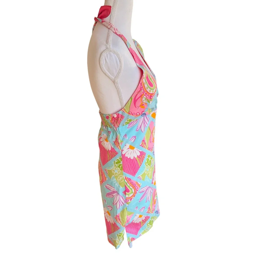 Lilly Pulitzer Women's Pink Blue Patchwork Floral Halter Mini Dress Size 14 VTG - Picture 2 of 5